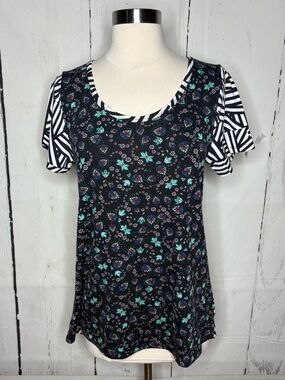 LuLaRoe Black Floral Scoop Neck Top with Striped Sleeves